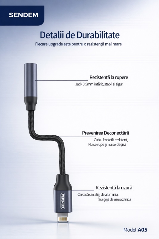 Adaptor audio SENDEM A05 Lightning la Jack 3.5 mm pentru iPhone, cablu textil, mufa metalica, chip inteligent - Img 4