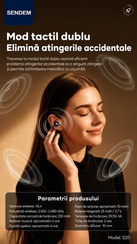 Căști Bluetooth SENDEM S20 Spark Series, ear-clip, Bluetooth 5.4, autonomie până la 6 ore, carcasă 230mAh, control tactil - Img 5