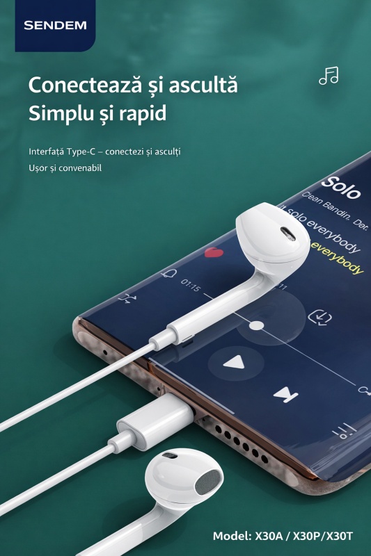 Căști cu fir SENDEM X30P – Sunet HiFi, Microfon HD, Conector Type-C - Img 2