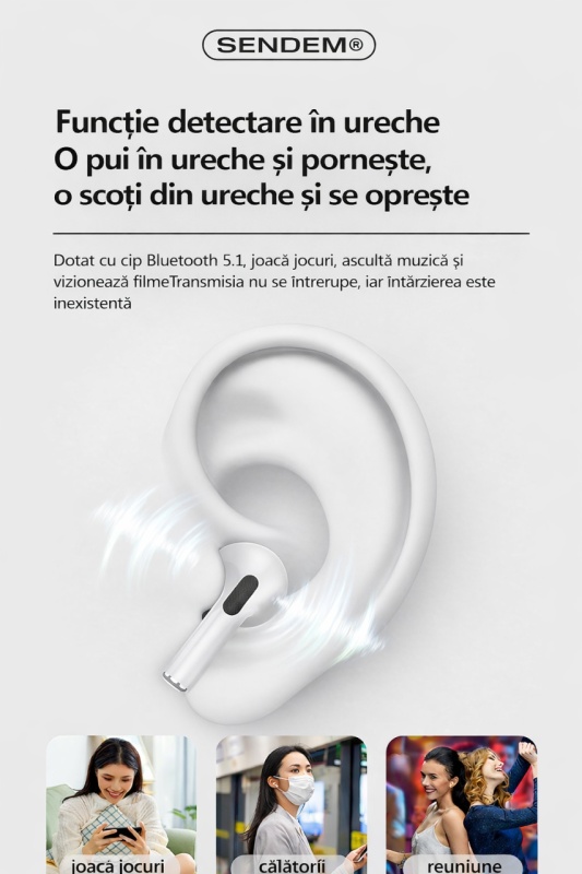Căști wireless SENDEM GE04 Plus Bluetooth 5.1, control touch, detectare în ureche, încărcare wireless Qi, autonomie 4.5h - Img 5