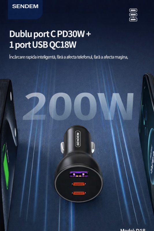 Incarcator auto rapid SENDEM D18 200W, 3 porturi, 2x USB-C PD 30W + 1x USB QC 18W, fast charge - Img 5