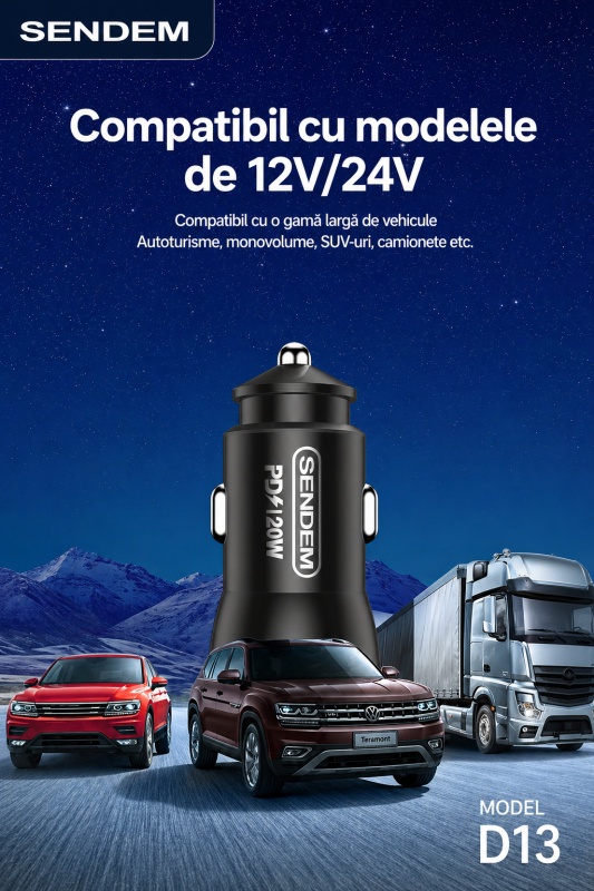 Încărcător auto SENDEM D13, PD 20W, Type-C, cu cablu textil Type-C to Type-C inclus, negru - Img 3