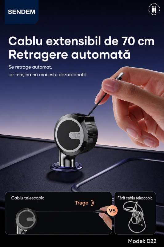 Încărcător auto SENDEM D22, 100W + PD 30W, cablu Type-C retractabil 70 cm, compatibil 12V/24V - Img 3