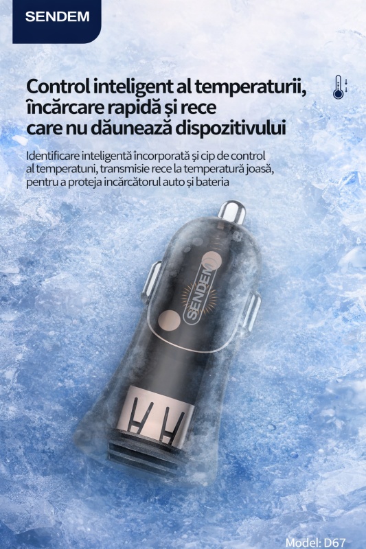 Incarcator auto SENDEM D67, 3.4A, dual USB, 12V/24V, mini transparent, negru - Img 4