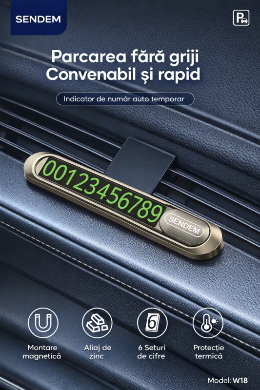 Numar de telefon auto temporar SENDEN W18, aliaj de zinc, montare magnetica, 6 seturi cifre, rezistent la temperaturi ridicate - Img 4