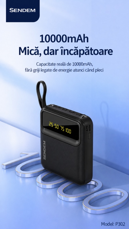 Power Bank SENDEM P302 10000mAh cu Cabluri Integrate, Afisaj LED, Lanterna LED - Img 5