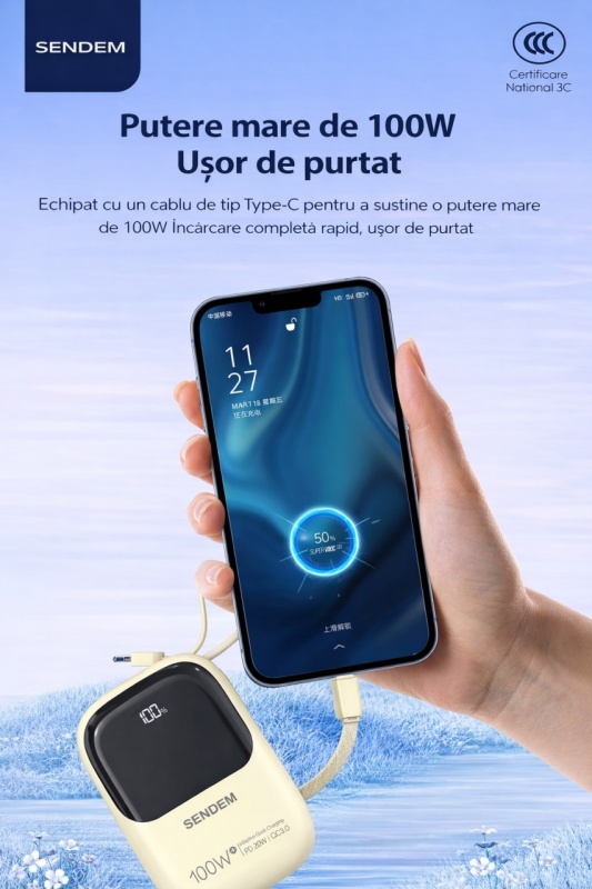 Power Bank SENDEM PH116 10000mAh 100W cu Afisaj LED si Cabluri Integrate - Img 5