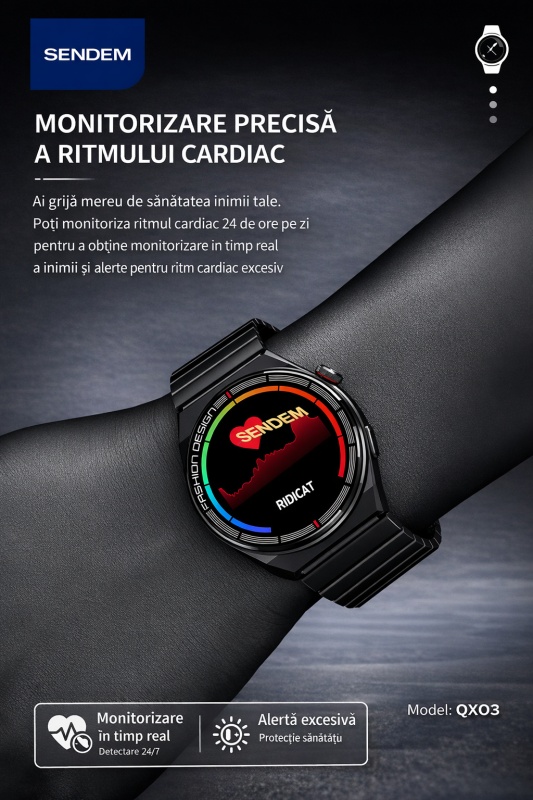 Smartwatch SENDEM QX03, ecran 1.45 inch, apeluri Bluetooth, ritm cardiac, IP67, încărcare wireless, 3 curele incluse - Img 6