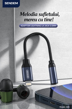 Adaptor audio SENDEM A05 Lightning la Jack 3.5 mm pentru iPhone, cablu textil, mufa metalica, chip inteligent