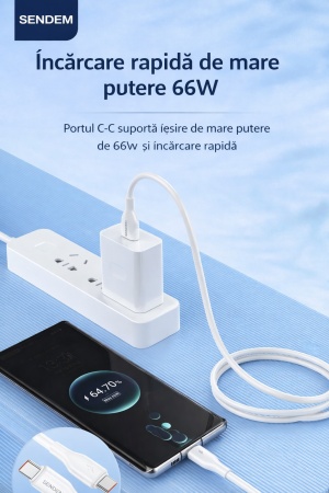 Cablu de date si incarcare rapida SENDEM T67 Type-C la Type-C 66W 1m alb