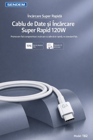 Cablu de date si incarcare rapida SENDEM T82 USB la Type-C, 2M, 6A, TPE, alb