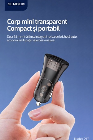 Incarcator auto SENDEM D67, 3.4A, dual USB, 12V/24V, mini transparent, negru