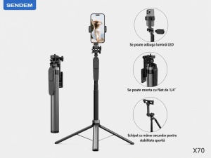 Selfie Stick Trepied ADYSS X70, extensibil 2020 mm, suport telefon rotativ 360°, filet 1/4”, compatibil cameră și lumină LED, telecomandă Bluetooth, negru