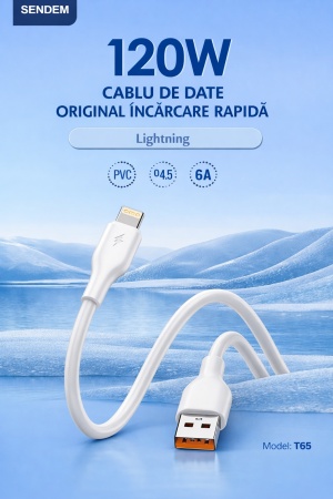 Cablu de date si incarcare rapida SENDEM T65P USB la Lightning 120W 1m alb