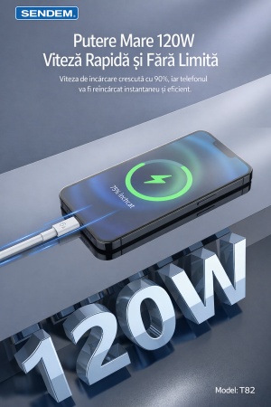 Cablu de date si incarcare rapida SENDEM T82 USB la Lightning pentru iPhone, 2M, 6A, TPE, alb