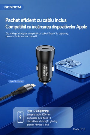Încărcător auto SENDEM D13, PD 20W, Type-C, cu cablu textil Type-C to Lightning inclus, negru