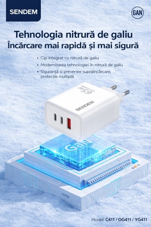Încărcător rapid SENDEM OG411, GaN PD 65W, 3 porturi, 2x USB-C + USB-A, indicator LED, distribuție inteligentă a puterii