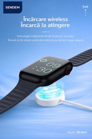 Smartwatch SENDEM N9 MAX cu apel Bluetooth, incarcare wireless, moduri sportive multiple, monitorizare somn si ritm cardiac