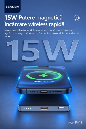 Baterie Externa Magnetica SENDEM PH19 5000mAh, Incarcare Wireless 15W, USB-C 20W, Power Bank Slim pentru iPhone si Telefon Compatibil
