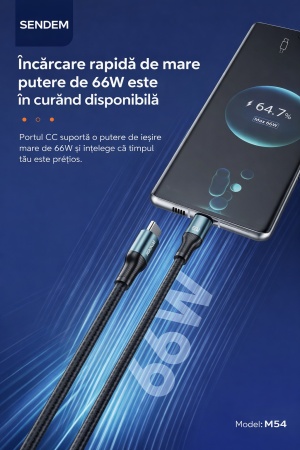 Cablu de date si incarcare rapida SENDEM M54 Type-C - Type-C, 66W, 3A, 1m, nylon impletit