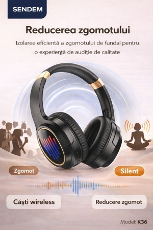 Casti Bluetooth SENDEM K36 Over-Ear, Bluetooth 5.3, difuzoare 40 mm, pliabile 90°, autonomie 8 ore, standby 300 ore