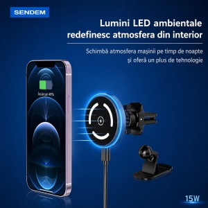 Suport auto magnetic SENDEM W15 cu încărcare wireless 15W, prindere pe grila de ventilație și cu lipire pe bord, rotație 360°, Type-C, compatibil iPhone