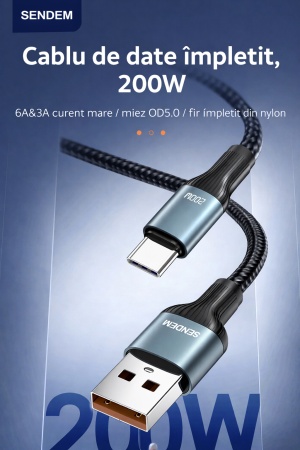 Cablu de date si incarcare rapida SENDEM M52 USB - Type-C, 200W, 6A, 1m, nylon impletit, negru