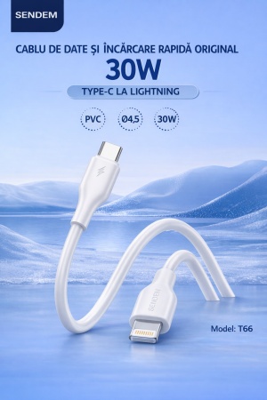 Cablu de date si incarcare rapida SENDEM T66 Type-C la Lightning 30W 1m alb