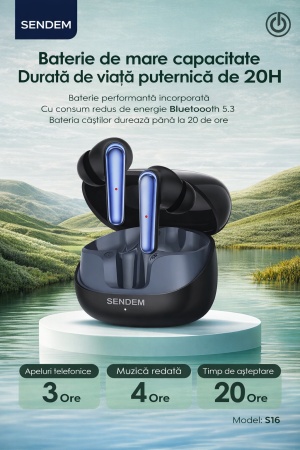 Casti wireless Bluetooth 5.3 SENDEM S16, TWS, reducere pasiva a zgomotului, autonomie pana la 20 ore, negru