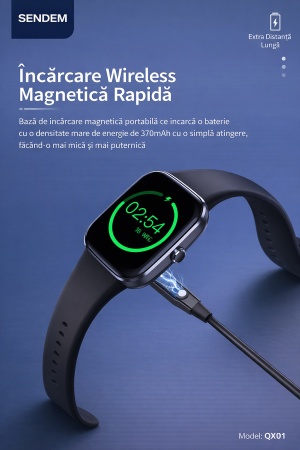 Ceas smartwatch SENDEM QX01 cu apel Bluetooth, ecran 2.1 inch, monitorizare ritm cardiac, IP67, incarcare magnetica, multiple fete de ceas