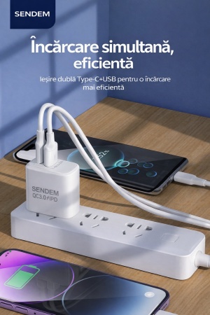 Incarcator rapid SENDEM C89 25W PD QC3.0 USB + Type-C cu cablu Type-C la Lightning 1m alb