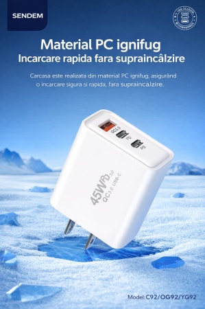 Incarcator retea SENDEM OG92, 3 porturi, PD 45W + QC 18W, incarcare rapida USB-C si USB, alb