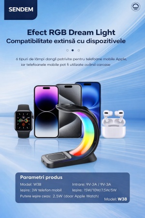 Statie de incarcare wireless magnetica 3 in 1 SENDEM W38 cu lumina RGB, 15W, pentru telefon, ceas si casti