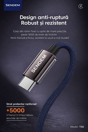Cablu date și încărcare rapidă SENDEM T55, USB-A to Lightning, 120W, aliaj de zinc, textil împletit, transfer 480Mb/s, albastru