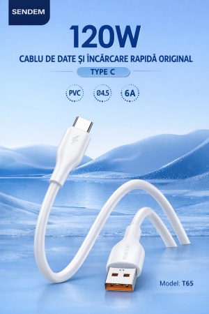 Cablu de date si incarcare rapida SENDEM T65T USB la Type-C 120W 6A 1m alb