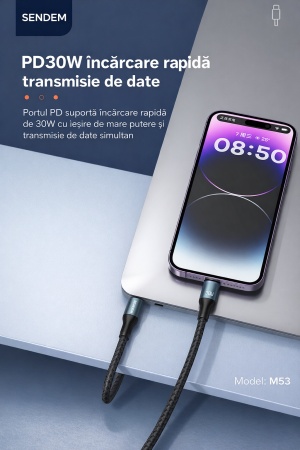 Cablu incarcare rapida si date SENDEM M53 Type-C - Lightning, PD 30W, 3A, 1m, negru