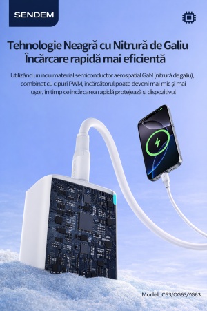 Incarcator retea SENDEM OG63 45W GaN USB-C + USB-A, mufa EU, cablu Type-C la Type-C inclus, alb