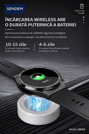 Smartwatch SENDEM QX03, ecran 1.45 inch, apeluri Bluetooth, ritm cardiac, IP67, încărcare wireless, 3 curele incluse