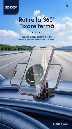 Suport auto magnetic SENDEM W22, rotire 360°, magnet 4000GS, bază adezivă, metal, negru
