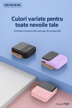 Baterie externă SENDEM P301, 10000mAh, 4 cabluri integrate, afișaj LED, lanternă dublă, USB-C, Lightning, Micro USB