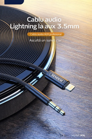 Cablu audio SENDEM A16 Lightning la jack 3.5 mm pentru iPhone, AUX auto, audio stereo, negru