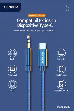 Cablu audio USB Type-C la jack 3.5mm SENDEM A15, AUX, mufa placata, fir textil rezistent, pentru telefon, masina, laptop si boxe
