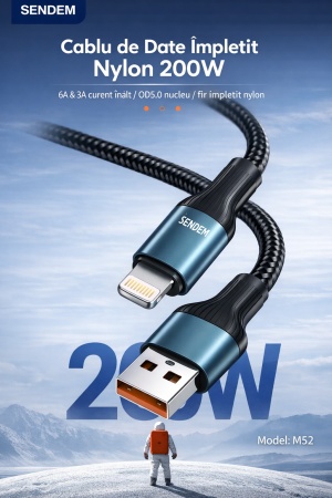 Cablu de date si incarcare rapida SENDEM M52 USB - Lightning, 200W, 6A, 1m, negru