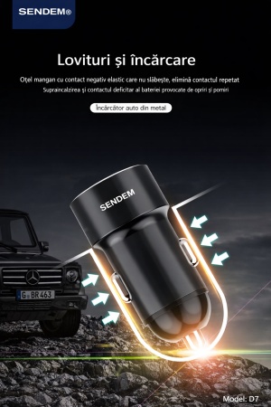 Incarcator auto SENDEM D7, 2 x USB, 3.4A, incarcare rapida, carcasa metalica, 12V-24V, negru/gri