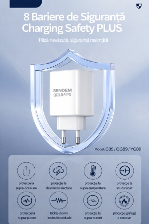 Incarcator rapid SENDEM C89 25W PD QC3.0 USB + Type-C cu cablu Type-C la Type-C 1m alb