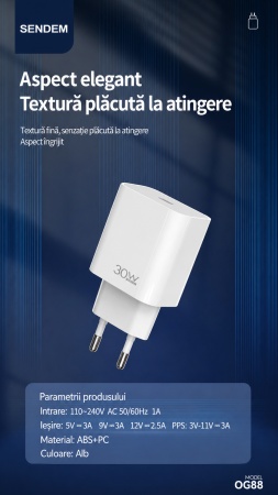 Încărcător rețea SENDEM OG88, 30W PD, USB-C, mufă EU, încărcare rapidă, alb