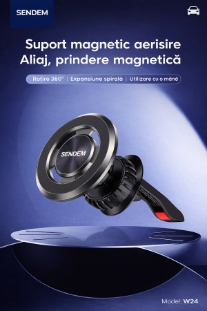 Suport auto magnetic telefon SENDEM W24 pentru grila de ventilație, metalic, rotire 360°, negru