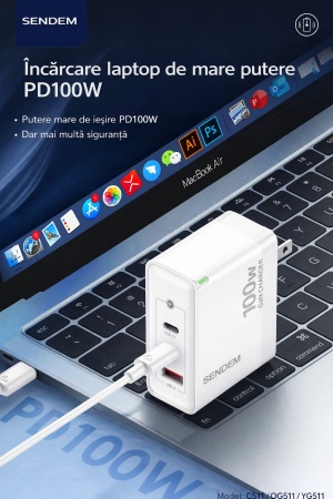 Încărcător rapid SENDEM 100W GaN cu 3 porturi USB-C și USB-A, pentru laptop, tabletă și telefon, model OG511