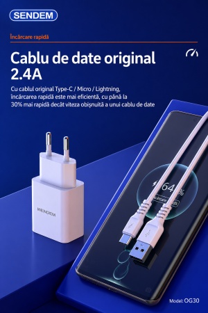 Încărcător rețea SENDEM OG30, 2.4A, port USB, mufă europeană, cablu USB Type-C inclus