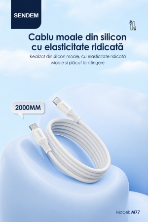 Cablu SENDEM M77 Type-C la Type-C, 2 metri, încărcare rapidă 66W, transfer date 480Mbps, alb
